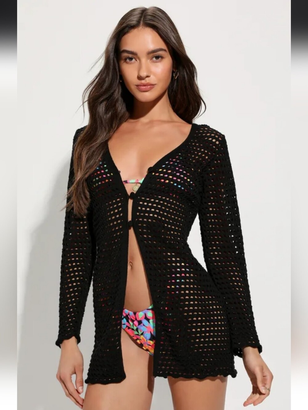 Lulu's Black Crochet Swim Cover-Up Cardigan